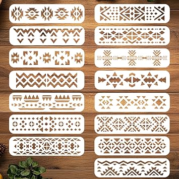 ORIGACH Aztec Stencils for Painting on Wood Wall, 15 Pcs Geometric Reusable Boho Borders Pattern Stencils Templates for Painting on Canvas Furniture, 30 x 7.6 cm