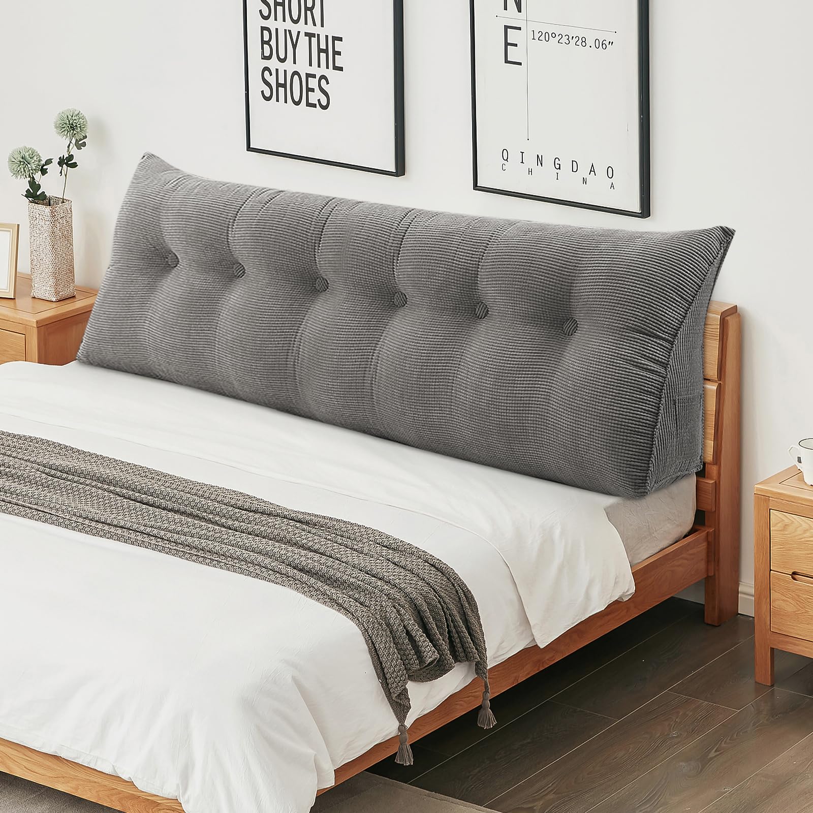 Cousín de Lectura para Cama o Sofá Triangular Cousín de Respaldo para Sofá Cousín de Cabecera para Bebé Funda Desmontable Rellenada para Mayor Confort - 180 * 50 * 20 cm - Un Gris