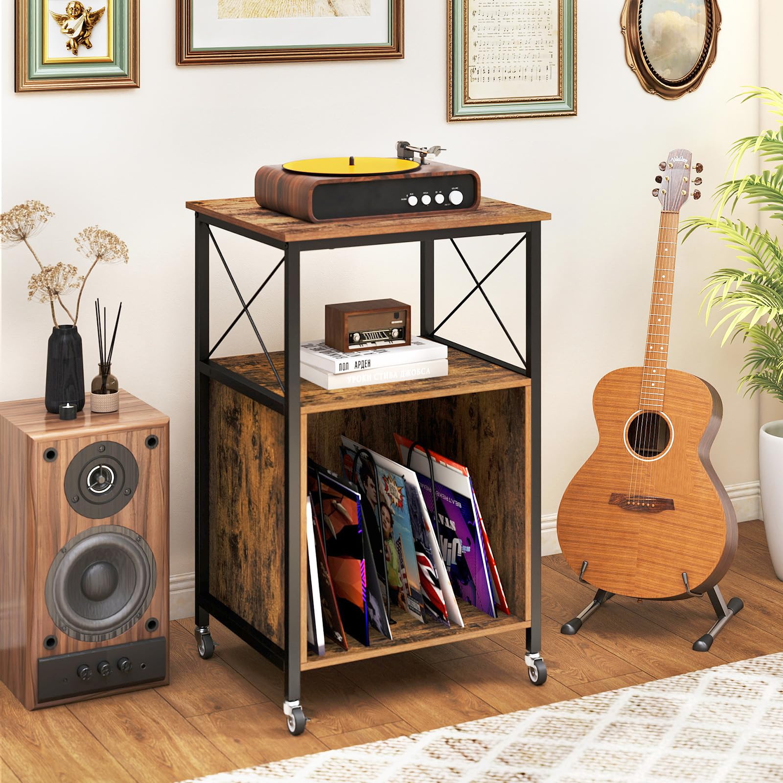 GOPLUS Meuble Platine Vinyle avec Station de Charge Intégrée, 2 Prises AC, 1 USB, et 1 Type-C, Support pour Tourne-Disque, 2 Roues Verrouillables, Style Industriel pour Vinyles et CD, 50x45x82cm