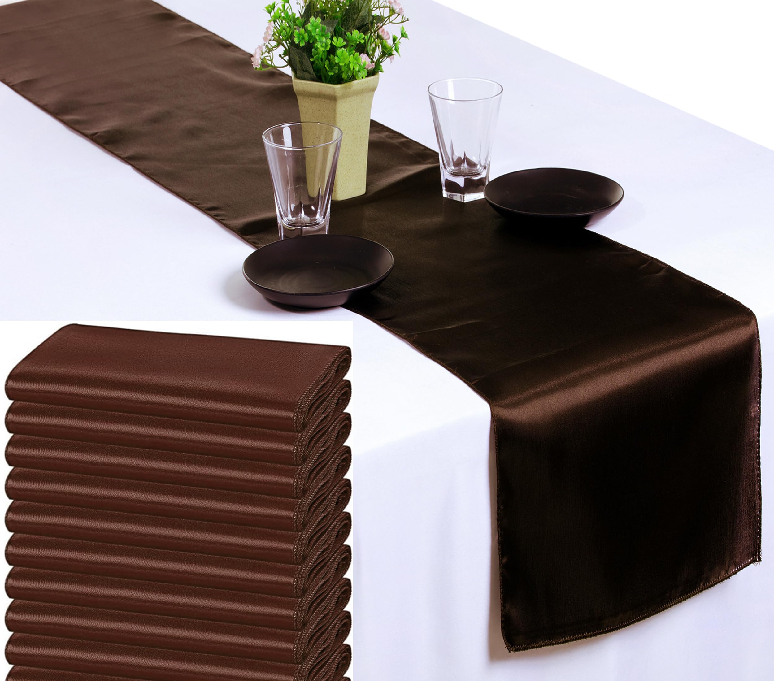 VDS Pack of 20 Satin Table Runners for Wedding & Party Décor 12” x 108”, Smooth Glossy Sateen Fabric Runner, Dining Table Decoration for Reception Banquet & Events Hotel Restaurant - Coffee