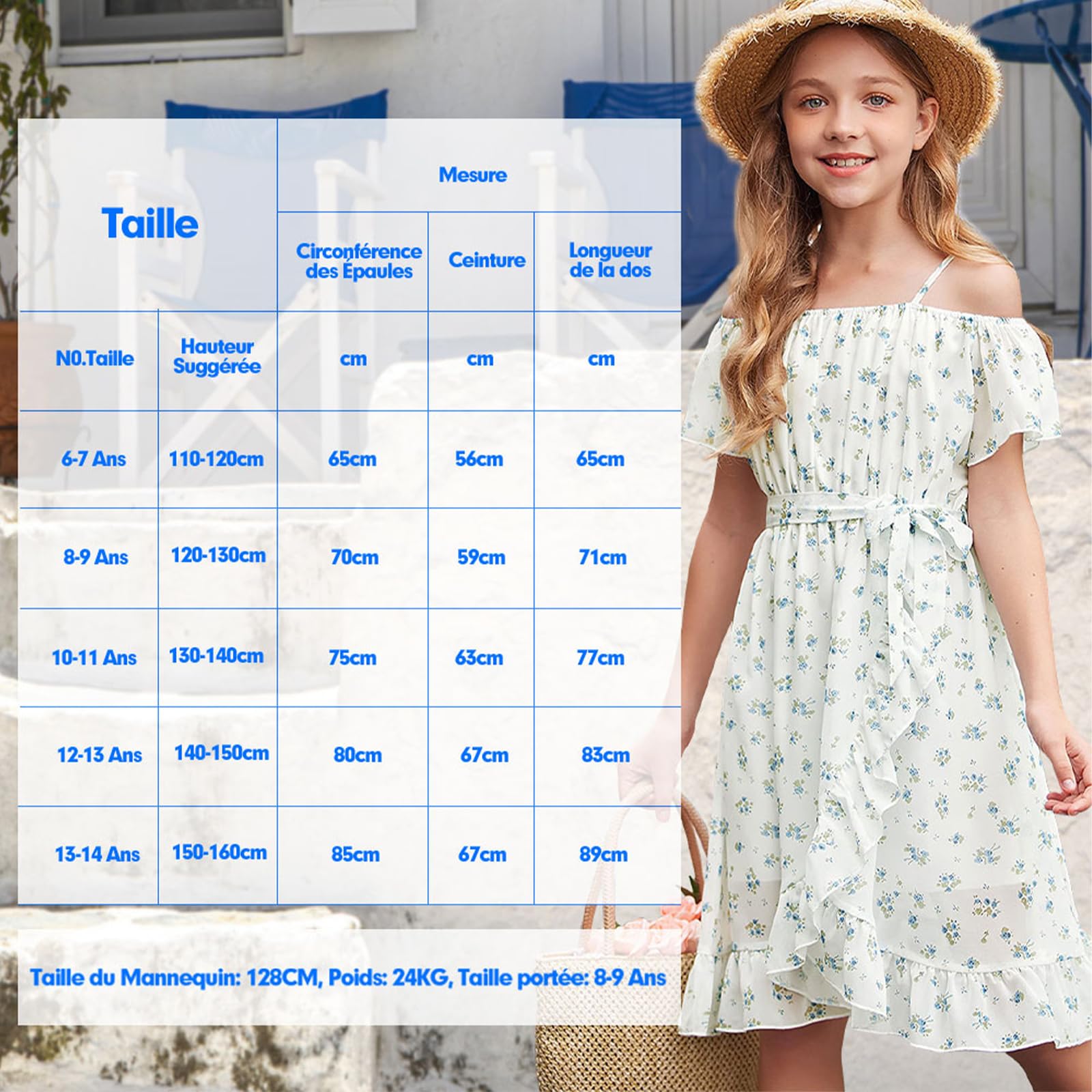 Robes Filles,Robe en Chiffon à Fleurs sans Manches,Robe d'été avec Sangle Réglable,Décontractée avec Manches Courtes en Forme de Feuille de Lotus pour Filles âgées de 6 à 14 Ans