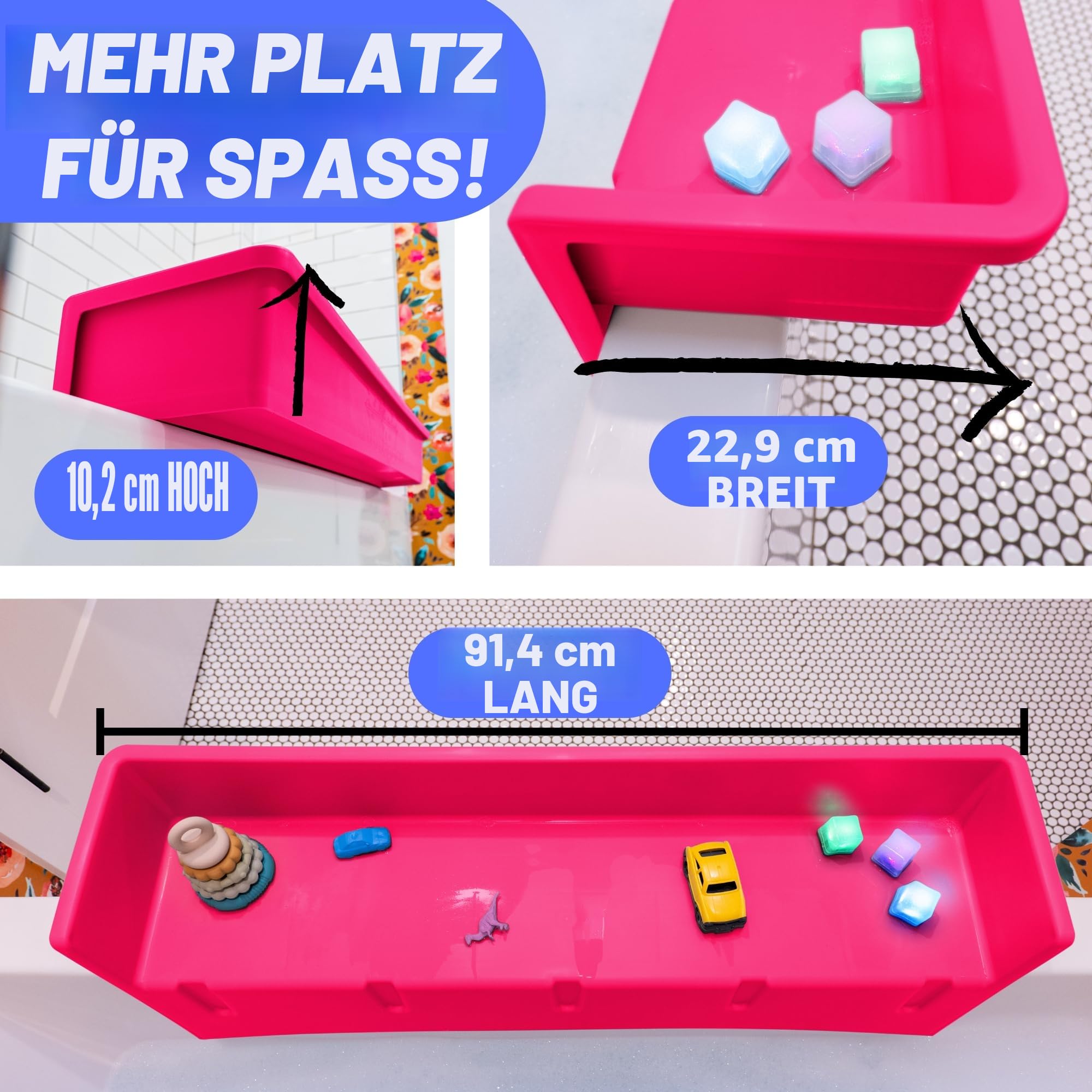 Tub Topper® Badewannen-Spritzschutz, Spielregal – Spielzeug-Tablett-Halterung – Saugnäpfe zur Befestigung an der Badewanne – kein Durcheinander von Wasser im Badezimmer – Spaß für Kleinkinder, Kinder,