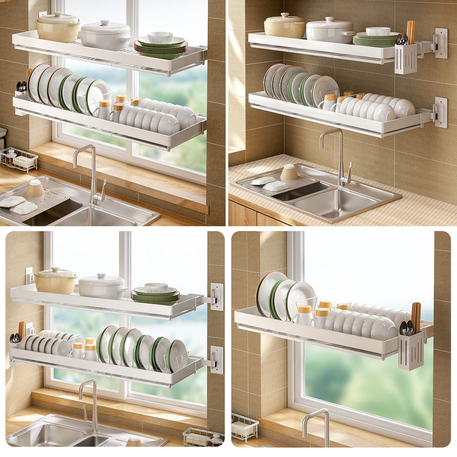 Scolapiatti multifunzione da parete per lavello da cucina, nero/bianco, include vassoio di drenaggio dell'acqua, soluzione salvaspazio per riporre la cucina