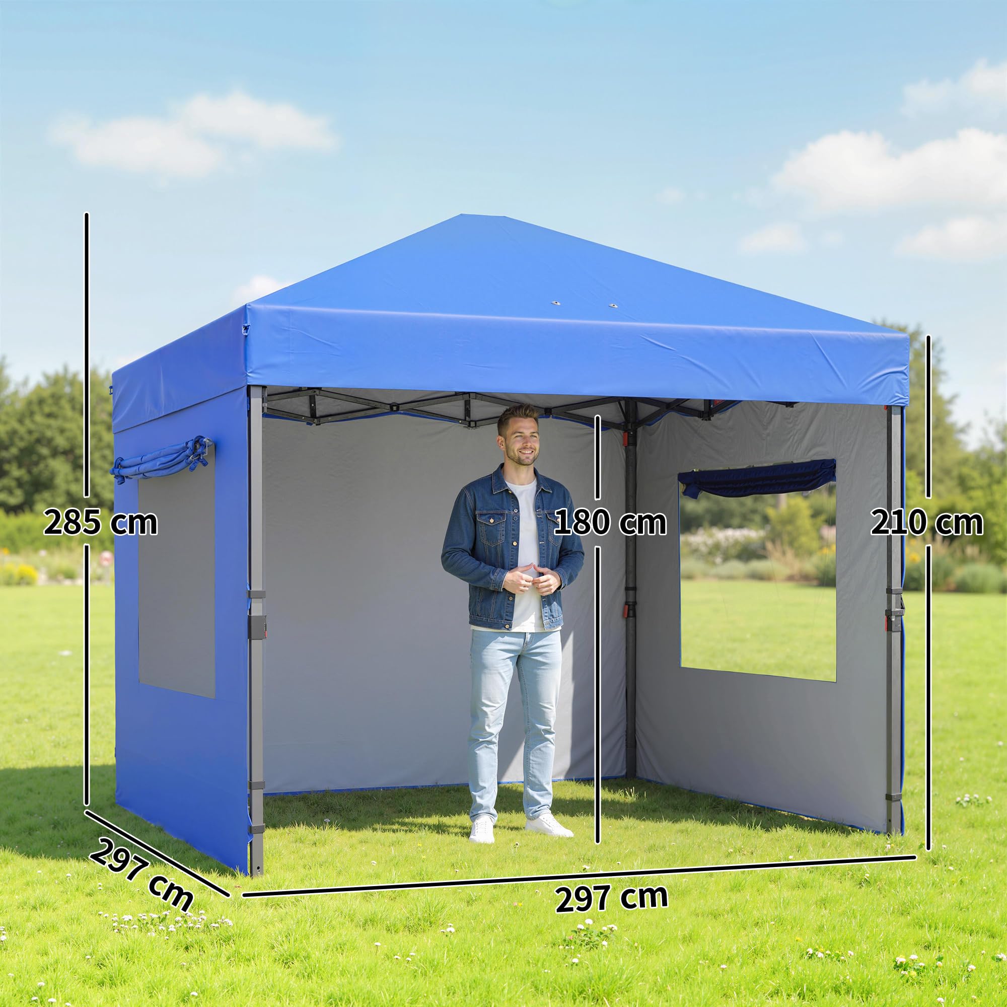 Outsunny Carpa Plegable 3x3 m Pop-up con 3 Paredes Laterales UPF50+ Azul | Cenador Pabellón de Jardín, 2 Ventanas Malla, Altura Ajustable 3 Niveles, Bolsa Transporte, Sacos Arena, Gazebo Exterior
