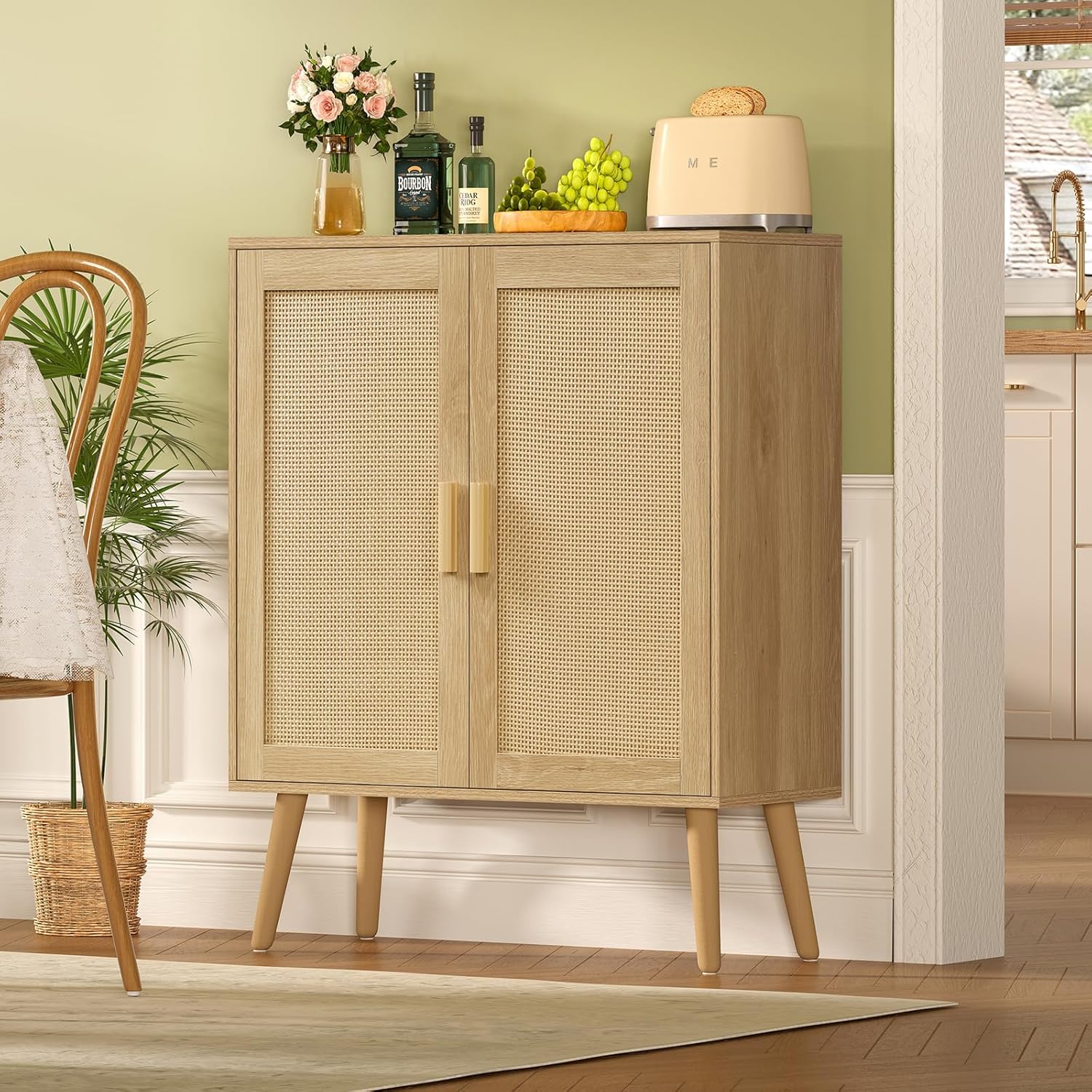 iwell storage cabinet with 2 shelves, rattan cabinet with 2 doors, sideboard buffet cabinets with storage for living room, dining room, entryway, natural natural, 2 doors
