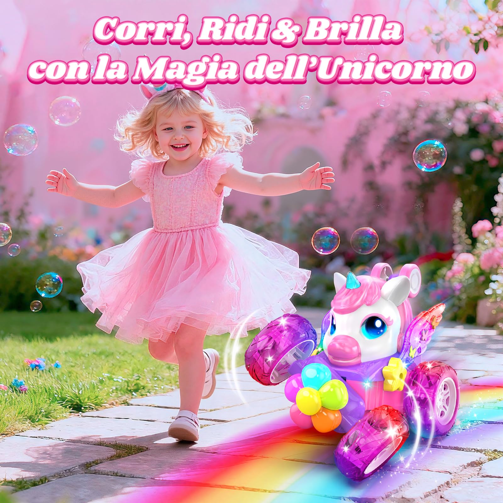 Unicorno Macchina Telecomandata Bambini 2,4GHz RC Car con Luce & Flip 360°, Regalo Bambina Giochi Bambini 3-12 Anni, Gioco Bambina Giocattoli Bimba 4 5 6 7 8 9 10 Anni Femmina Natale Compleanno Regali
