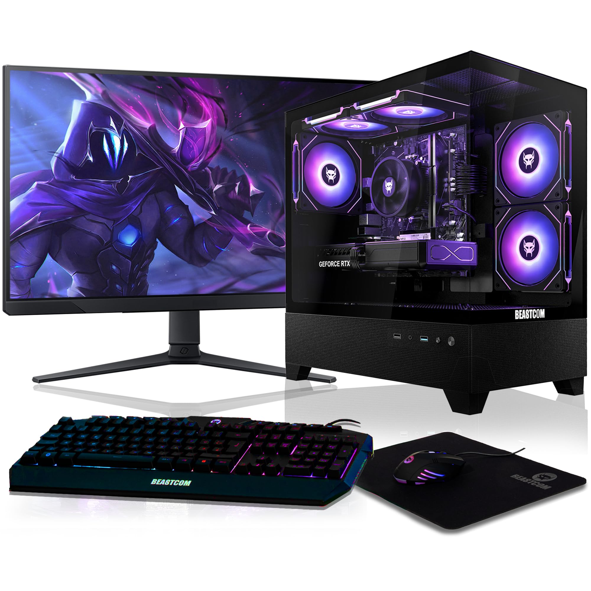 BEASTCOM Q5 | Gaming PC Set Bundle | AMD Ryzen 7 5700X 8X 4,60GHz 16 Threads, RTX 5060 8GB, 16GB RAM, 1TB NVMe SSD, Monitor LED 27" + RGB Tastatur + Maus + Mauspad, HDMI, WLAN, Win 11