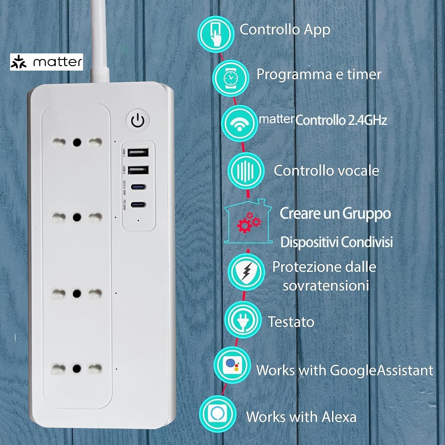 Ciabatta Multipresa Matter con USB C 20W, Multipresa Smart WiFi Caricatore Rapido USB C Matter Simple Setup, Compatibile con Alexa, Apple HomeKit e Google, 16A, 4 Prese, 2 USB C, 1,5M