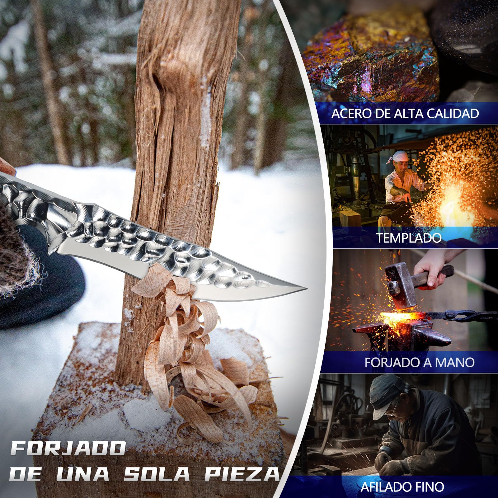 Japaknives Cuchillo de supervivencia para exteriores, hoja fija de acero VG10, estructura integral full tang, con funda de cuero para senderismo y aventura.