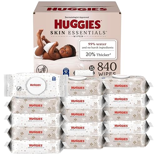 Huggies Skin Essentials Toallitas para bebé, hipoalergénicas, 99% de agua, 15 paquetes con tapa abatible (840 toallitas en total)