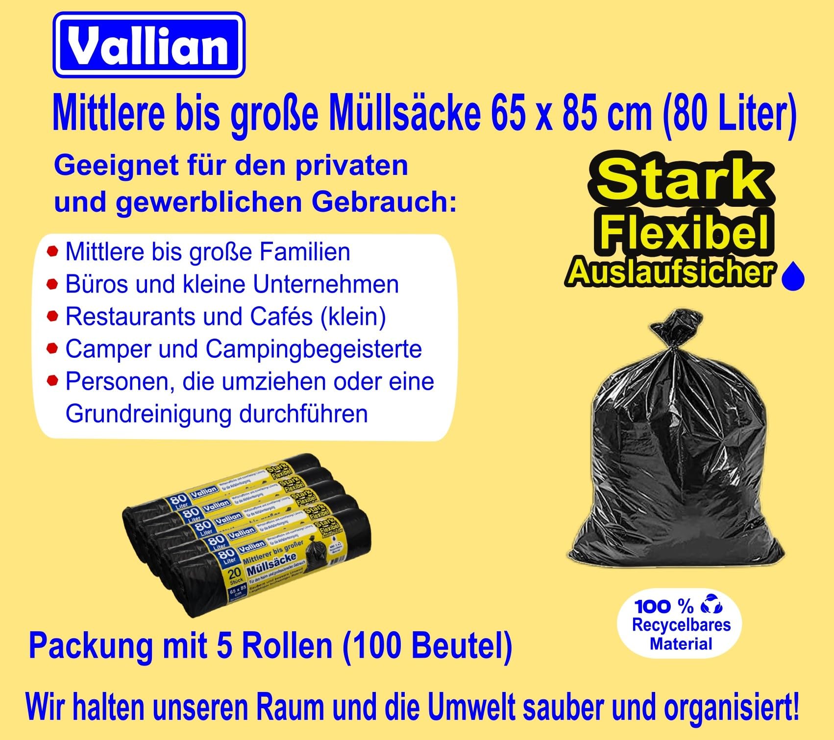 Bolsas de basura de 80 litros - Tamaño 65 x 80 cm - 20 bolsas por rollo - Resistentes, fuertes y flexibles - Paquete de 5 rollos (100 bolsas)