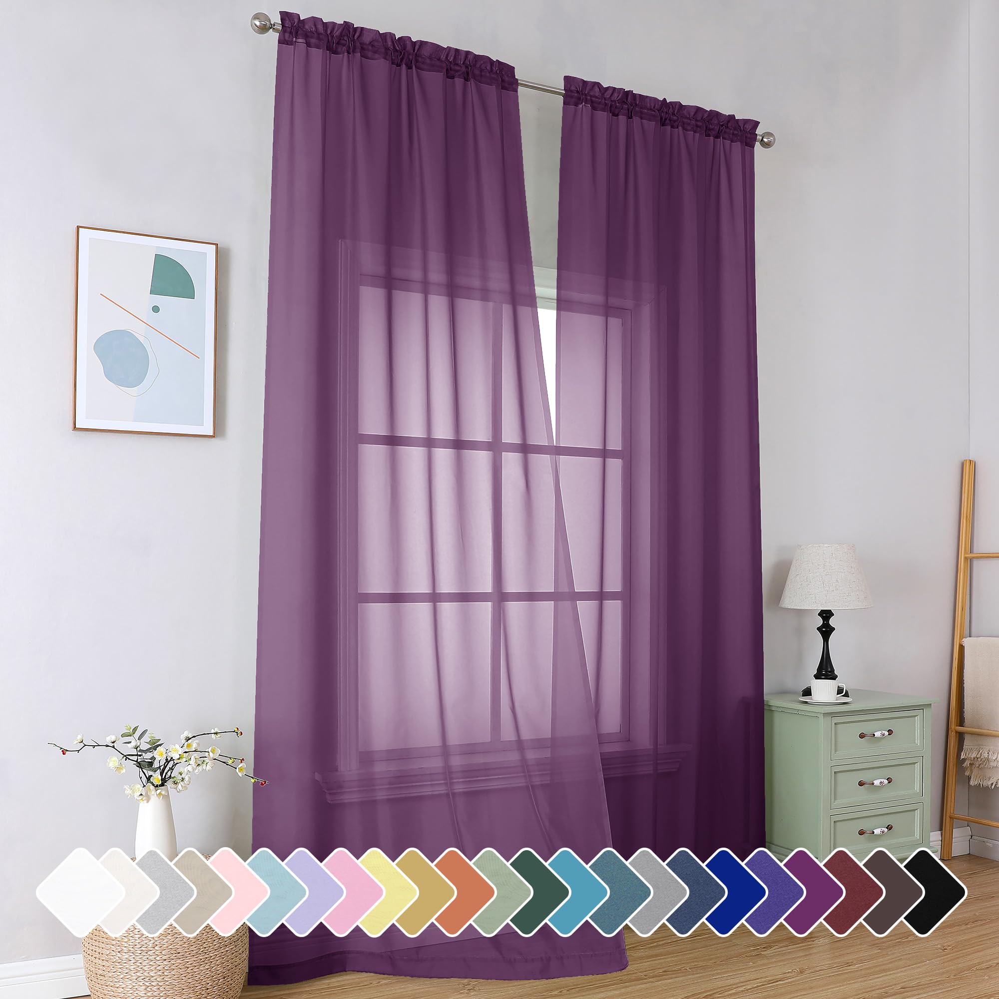 Simplebrand Plum Purple Sheer Curtains 96 Inches Long 2 Panels for Bedroom