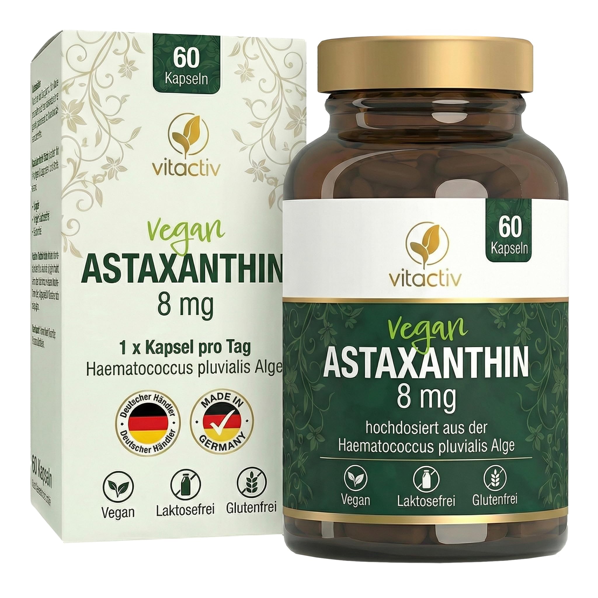 Vitactiv Astaxanthin 8 mg Kapseln – 60 Kapseln (2 Monate) – Hochdosiertes Astaxanthin aus Haematococcus pluvialis