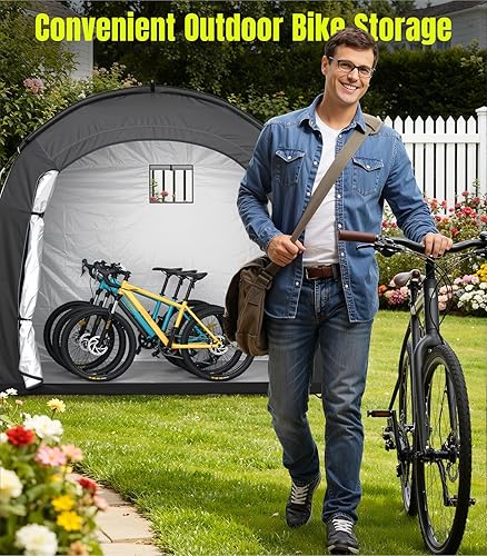 Miniatura 7 de Housolution Cobertizo de almacenamiento de bicicletas para 5 bicicletas, al aire libre, portátil, 210D, Oxford, gruesa, PU4000, cubierta impermeable