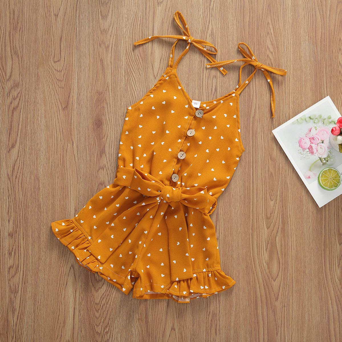 Toddler Kid Baby Girl Strap Sleeveless Romper Halter Heart Jumpsuit Bodysuit Shorts Overalls Summer Outfits Set (Yellow, 1-2T)