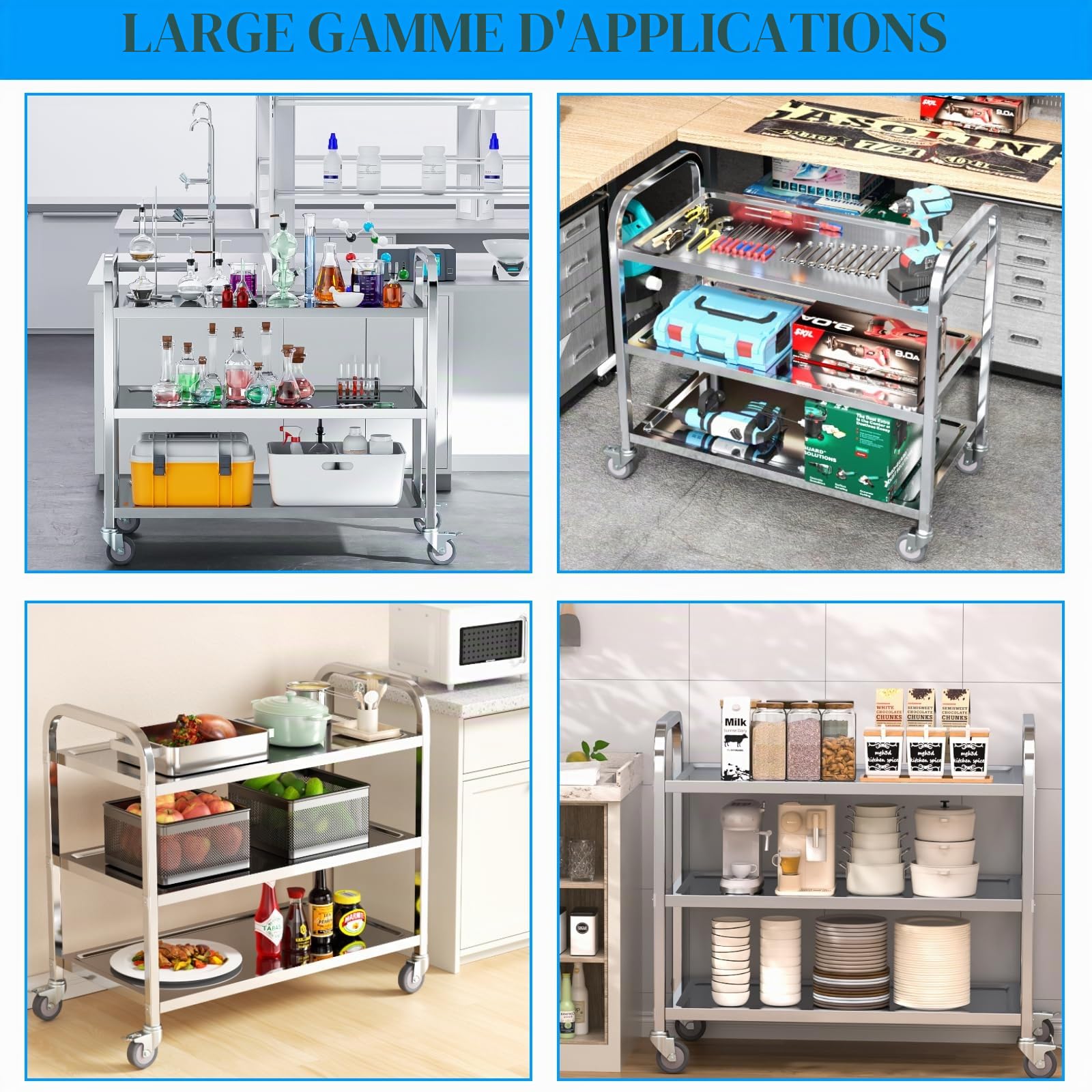 VELPAX Chariot de Service desserte de Cuisine à roulettes 3 étagères 95x50x95 cm Desserte, Déplacement Silencieux pour Rangement Clinique Cuisine Hôtel Salon de Beauté
