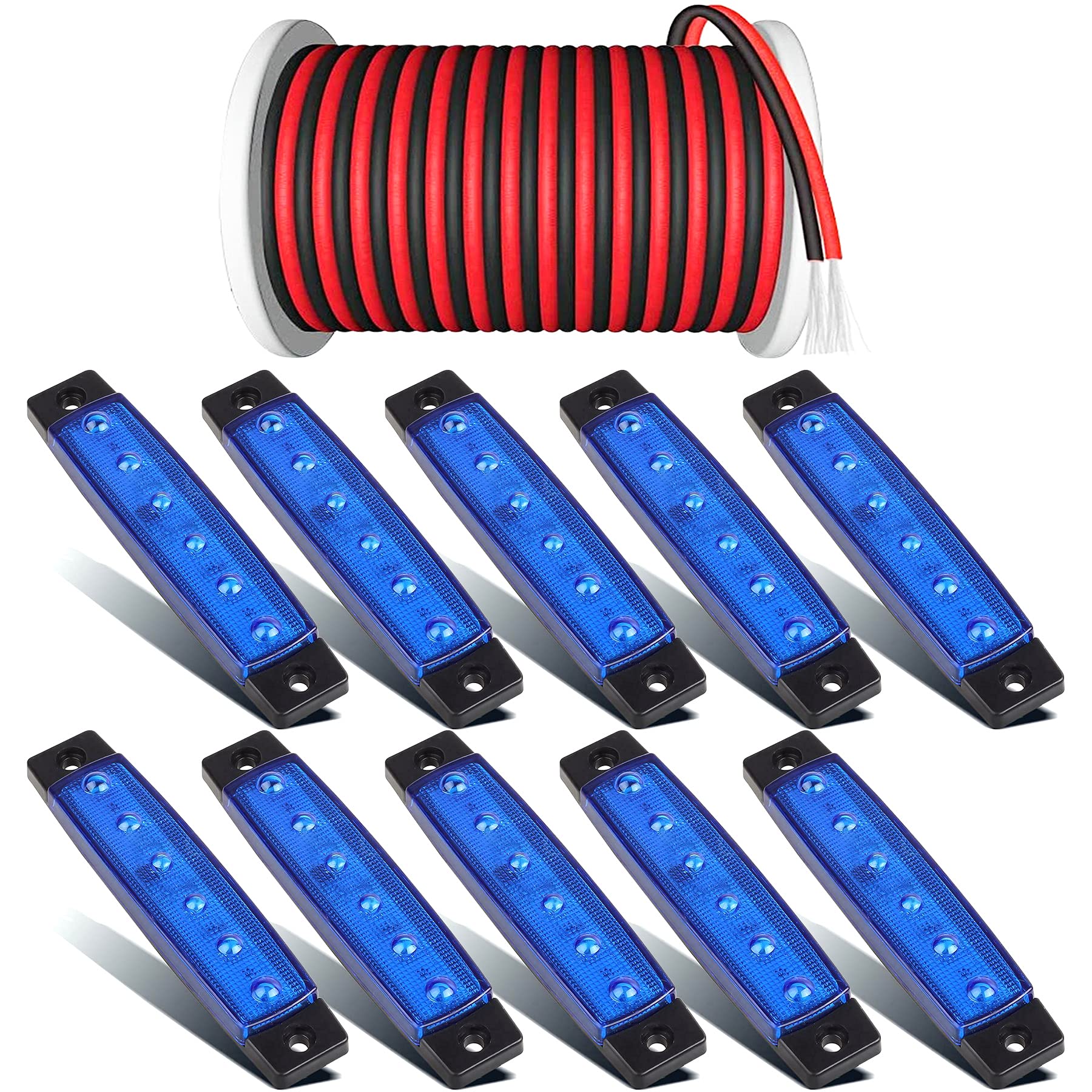 PSEQT 3.9'' LED Rock Strip Lights Car Exterior Underglow Wheel Fender Light Blue (10Pcs) + 100FT/30M 22AWG 2pin Extension Cable Wires Cord (1Pcs)