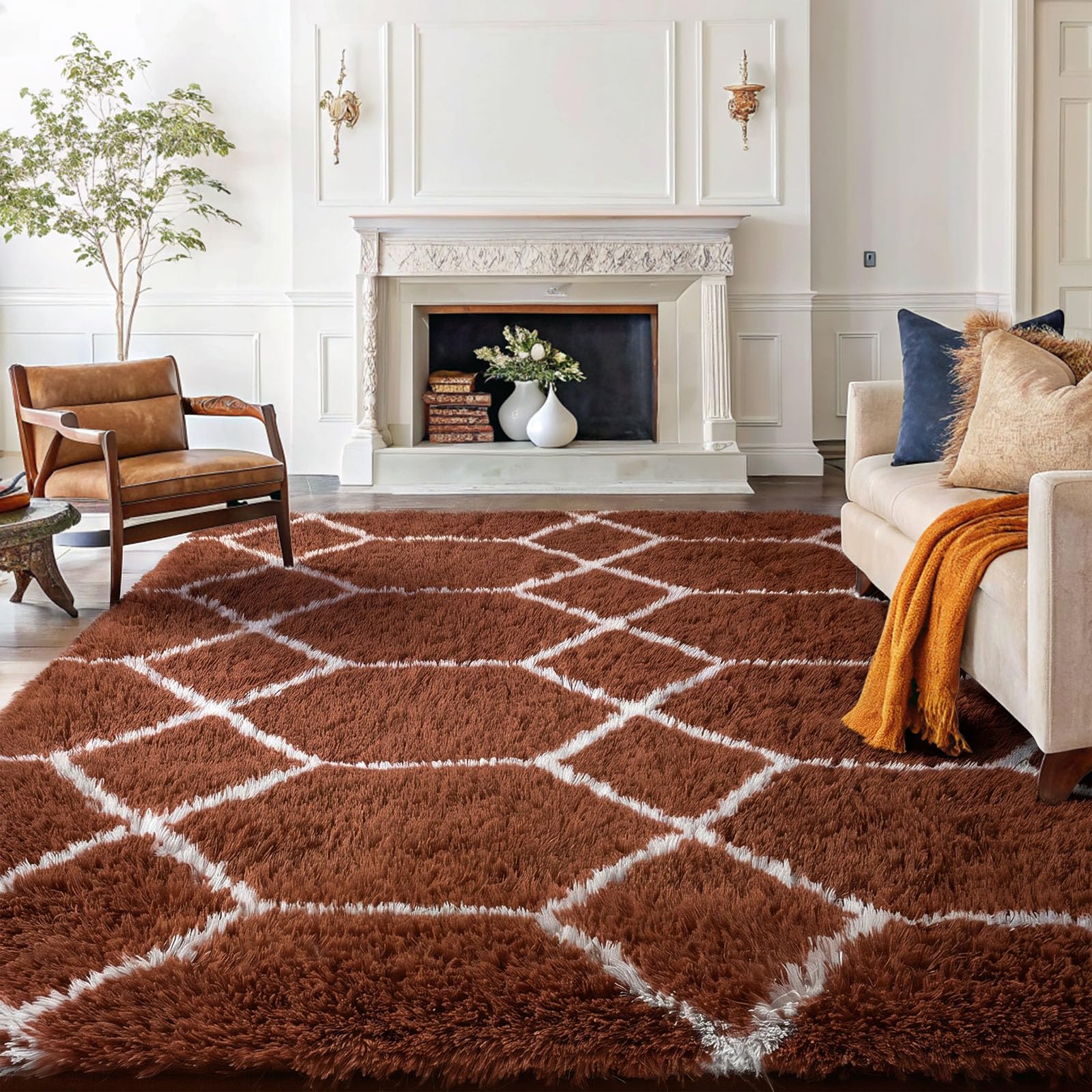 Homaxy Fluffy Shaggy Runner Rug for Bedroom, 60 x 100 cm, Coffee & White — image 1