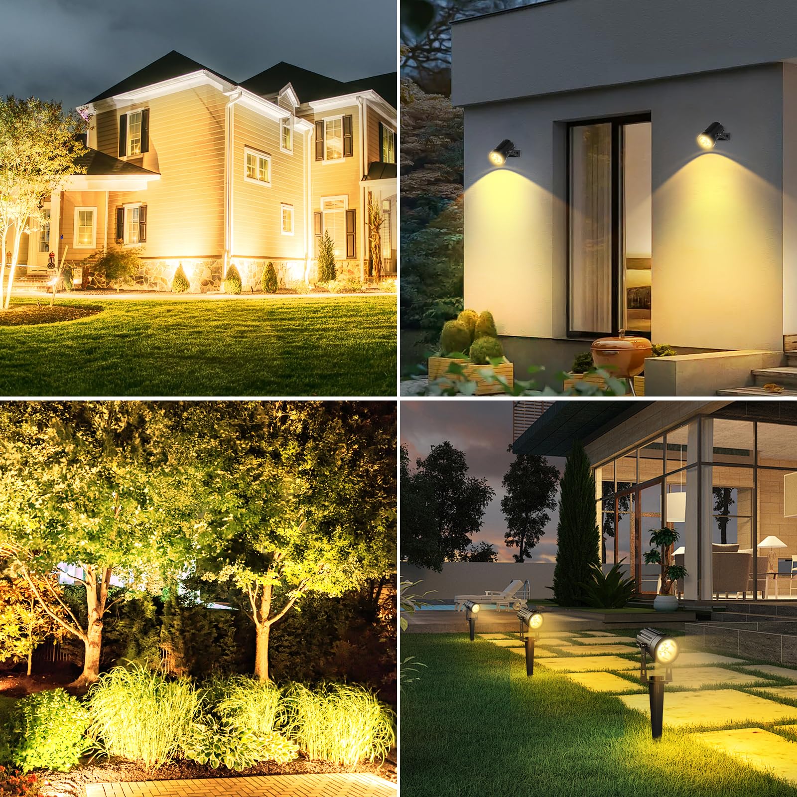 T-SUNUS Foco Solares Exterior Jardín, 4 en 1 Luz Solar Exterior, Impermeable IP65, 2 Modos de Intensidad luminosa, Lámparas Solares para Exteriores Arboles Terrazas Patios, Blanco Cálido