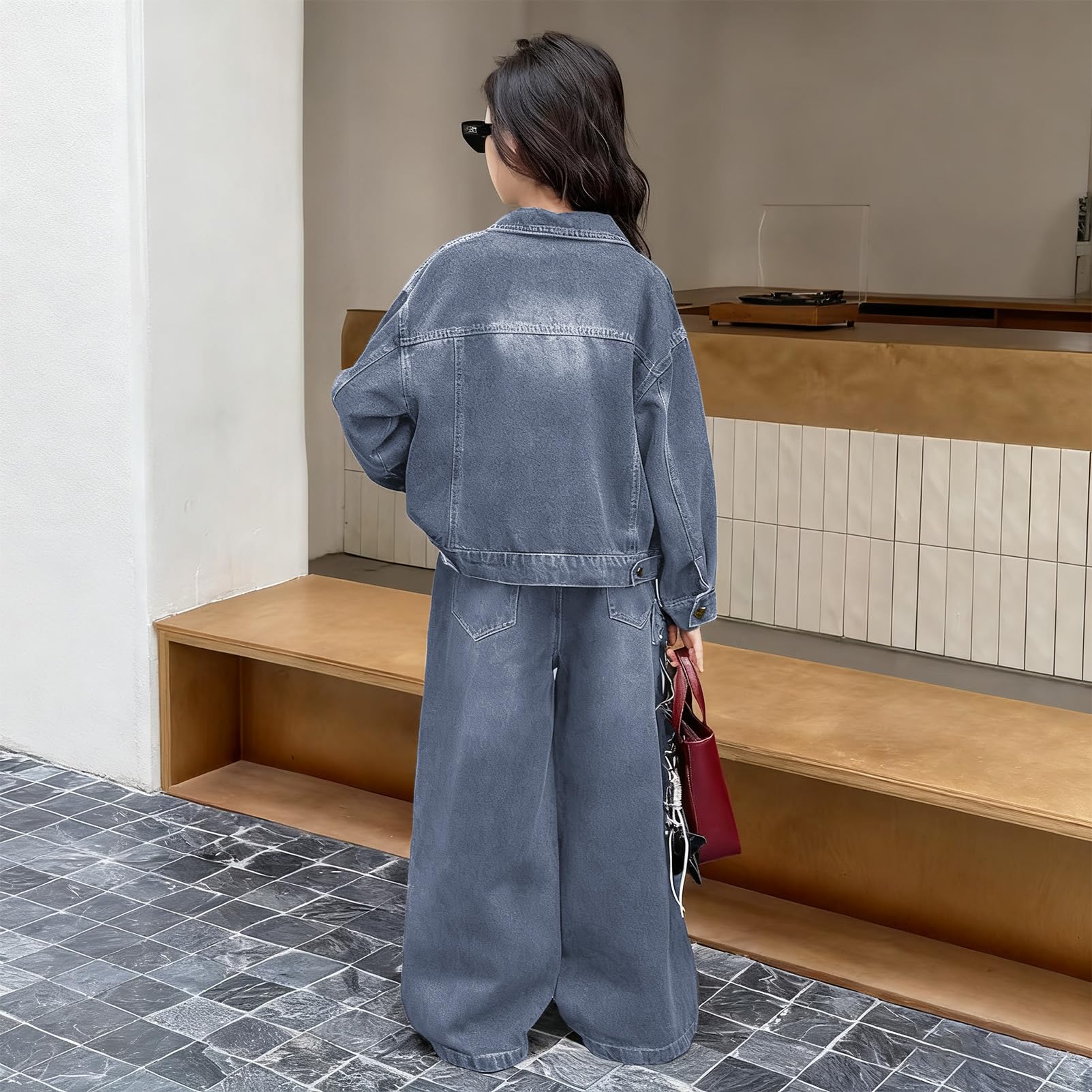 amropi 2 Pezzi Completo di Jeans Bambina Ragazze Giacca in Denim con Fiocco 3D e Pantaloni a Gamba Larga Set per 3-12 Anni
