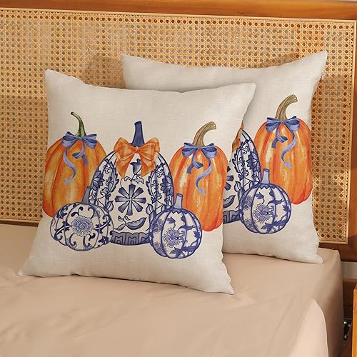 Miniatura 3 de Juego de 2 fundas de almohada de otoño chinoiserie de 18 x 18 pulgadas, color azul y naranja, diseño de calabaza de Grandmillennial, decoración de