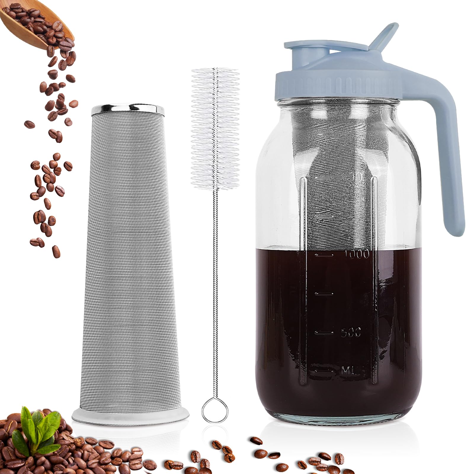 Cold Brew Coffee Maker, 64 oz Mason Jar Pitcher with Stainless Steel Filter, Pour Spout Handle Lid, Heavy Duty Glass Airtight &amp; Leak-Proof for Iced Coffee,Tea &amp; Lemonade