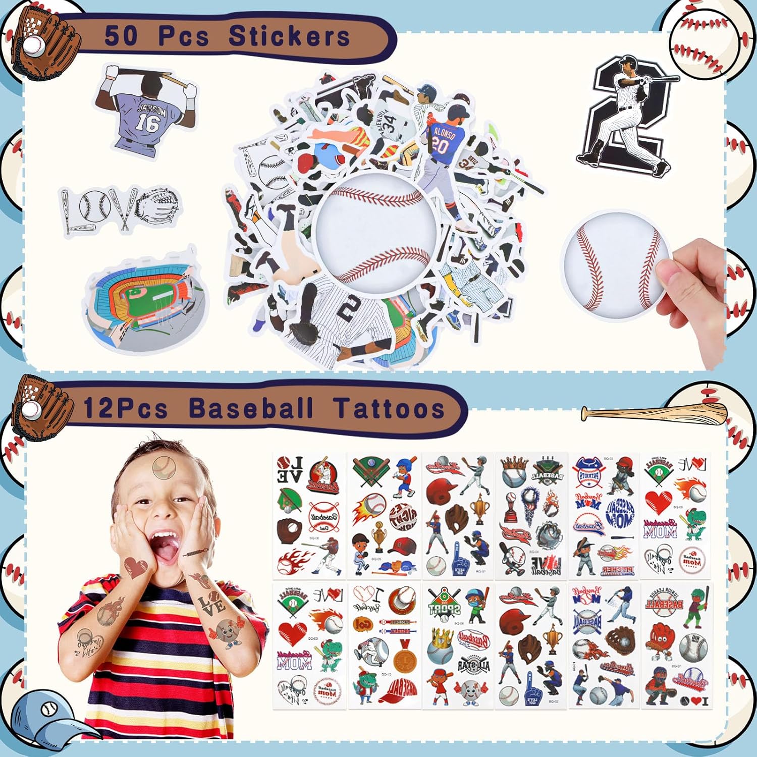 Gifts2U Baseball Party Favors Supplies, 146 Pcs Baseball Themed Goodie Bags Stuffers with Bracelets, Tattoos, Stickers, Mini Ball and Cars Toys, Gifts Bulk for Team Kids Birthday Party - Image 6