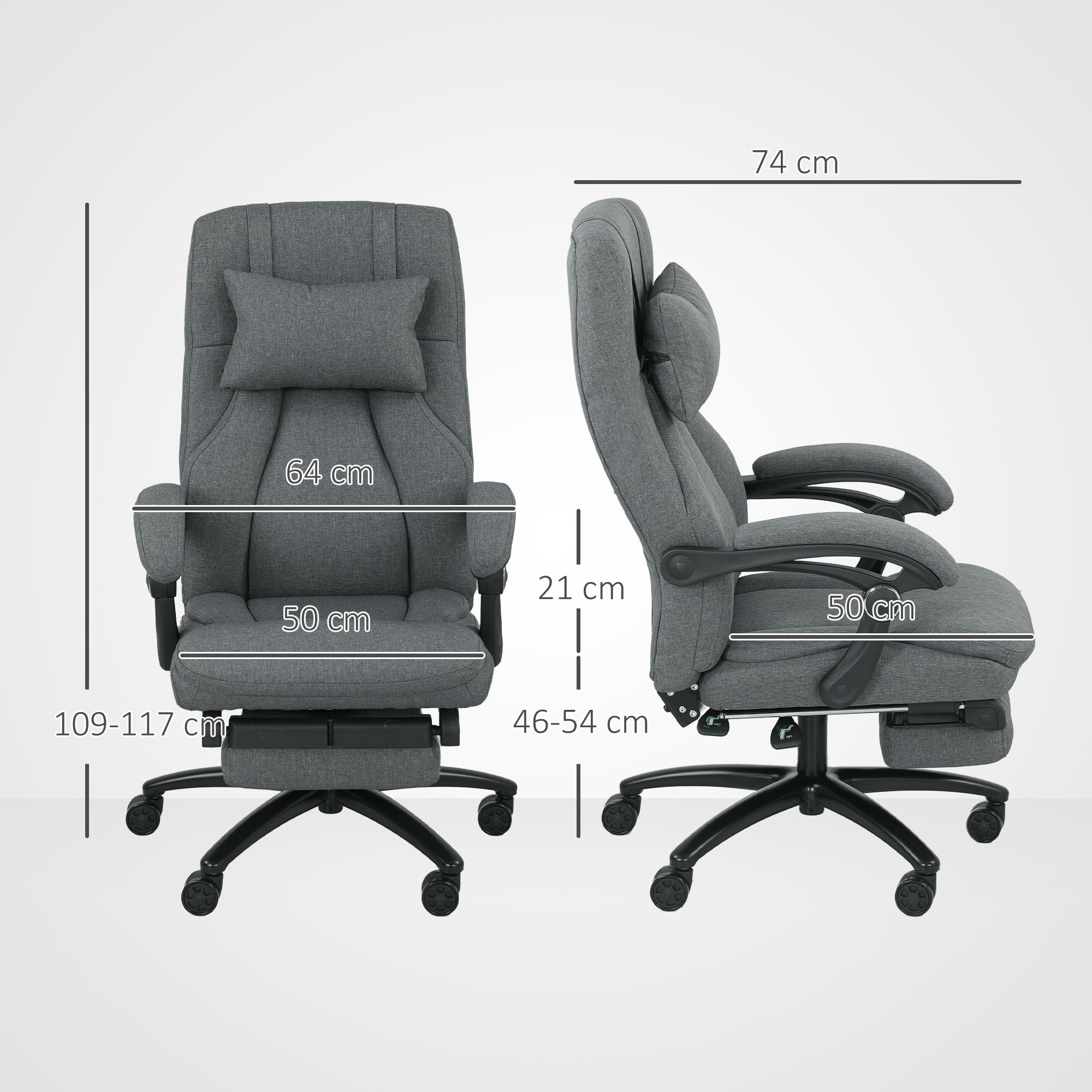 Vinsetto Bürostuhl mit Massagefunktion Ergonomischer Chefsessel mit Liegefunktion, Fußstütze Höhenverstellbar 360° Drehbar Schreibtischstuhl mit Kopfstütze, USB-Schnittstelle, Leinenoptik, Dunkelgrau