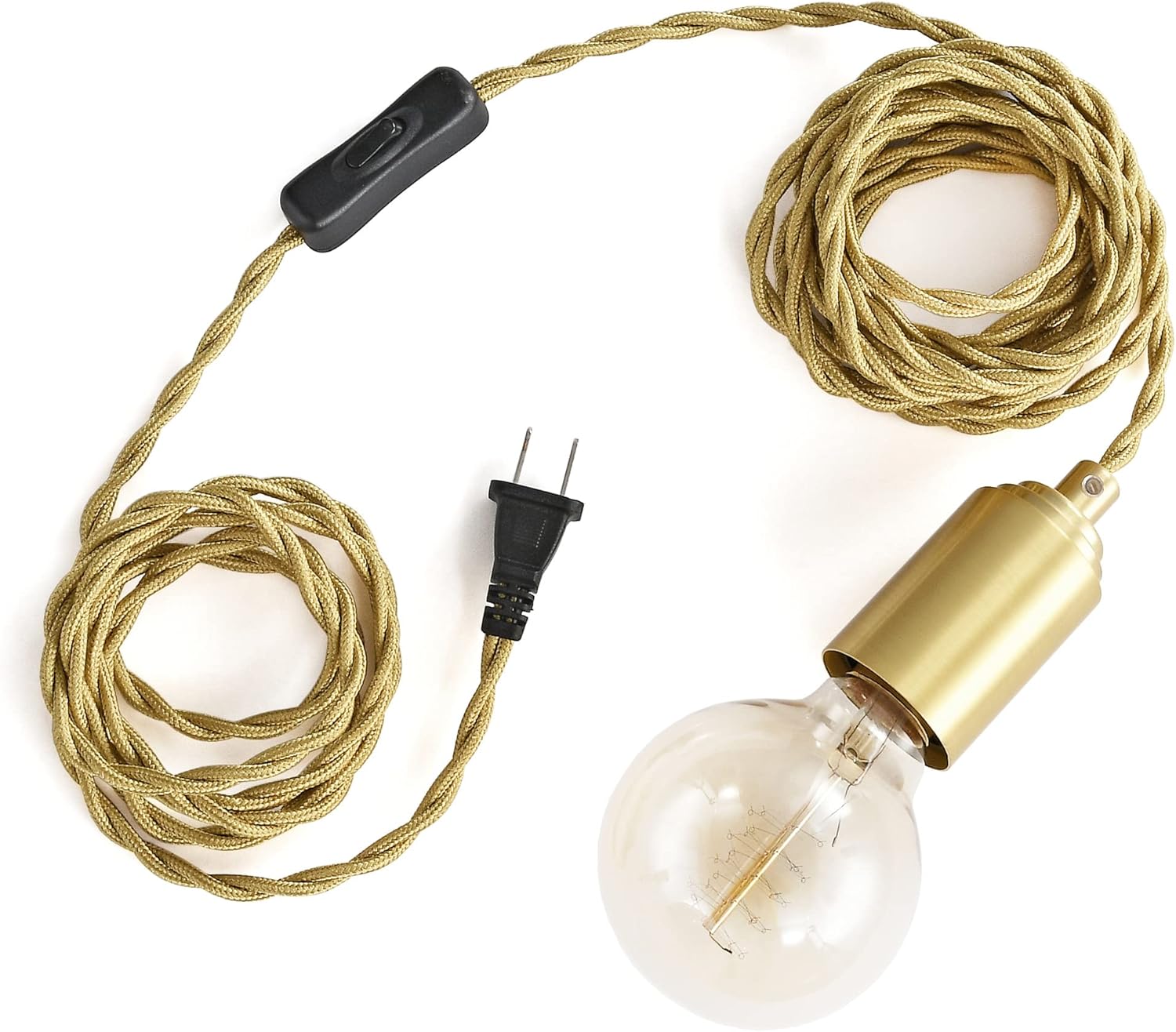 BRIGHTTIA Matte Black Plug-in Simple Top Pendant Light - Gold Color Accents - Modern Minimalist Light - Mid Century Industrial Exposed Bulb Lighting - 15Ft Braided Fabric Cord (BP0005-1BP)