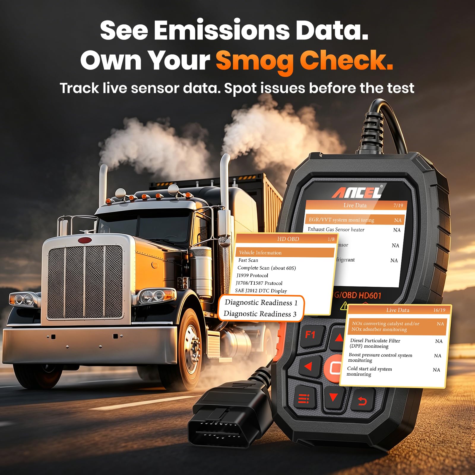 ANCEL Nuevo escáner de camión HD601 resistente, herramienta de escaneo de diagnóstico de sistema completo diésel para Cummins, Detroit, Volvo, Paccar y Caterpillar, lector de código HDOBD y OBD2 2 en