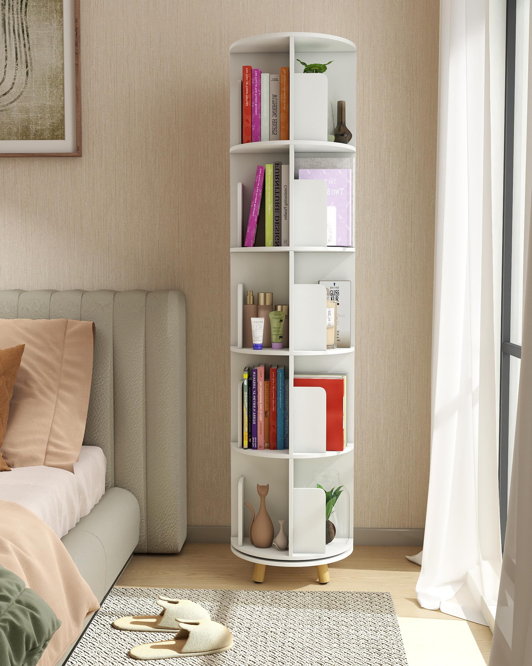 Estanteria Libros Blanca, Libreria Estanteria Giratoria de 360 Grados, Estantería Giratoria Libros con 20 Espacios Abiertos y 3 pies móviles de Madera(40 x 40 x 165 cm)