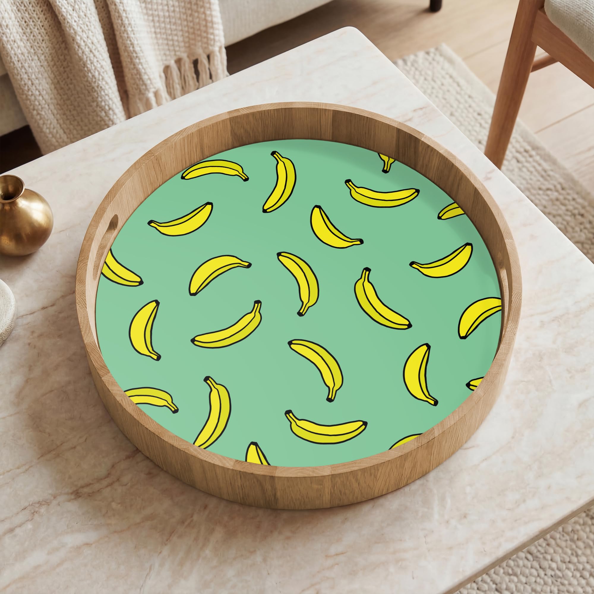 Bandeja Madera De Roble Redonda 40x40 cm Bandejas Desayuno para Servir Comida Cocina Resistente Al Calor Cafe Tray Tabuleiro Plátanos - Amarillo - Verde - Imprimir