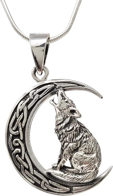 TreasureBay 925 Sterling Silver Moon and Howling Wolf Pendant on Chain, Pendant for Women