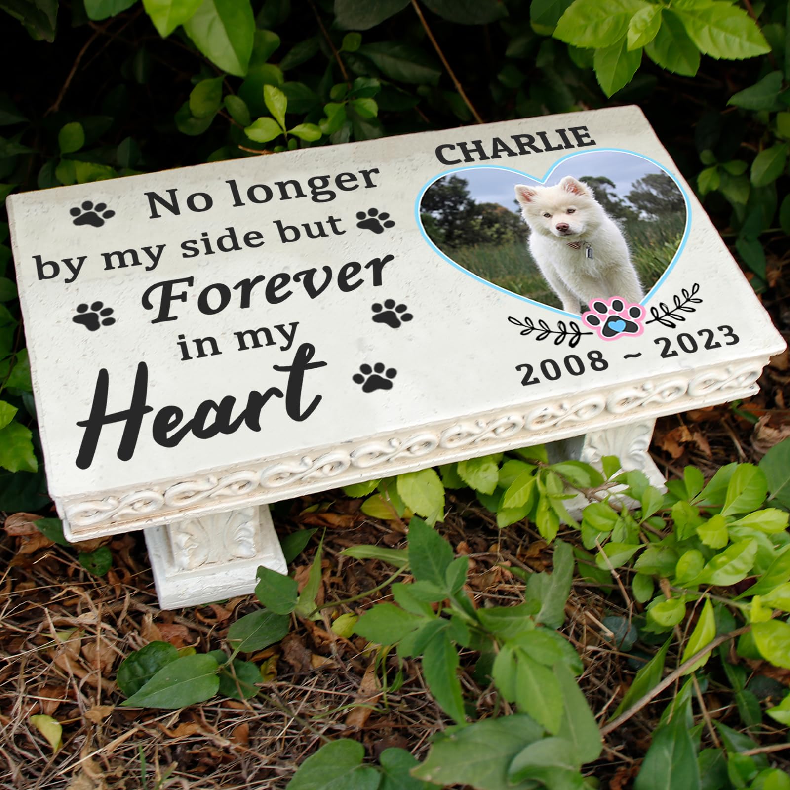 ENILSA Personalized Bench Pet Memorial Garden Stone Plaque with Colorful Photo, Dog Grave Marker Dog Tombstone Cat Headstone for Graves Loss of Pet Gift Cemetery Garden Plaque