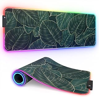 ITNRSIIET RGB Gaming Mouse Pad, Full Desk XL Extended Large Gaming Mousepad, 12 Lighting Modes, 30% Thicker, Big LED Desk Mat for Keyboard Computer Men Gamers Esport Pros, 32" x 12", Teal Green Leaves