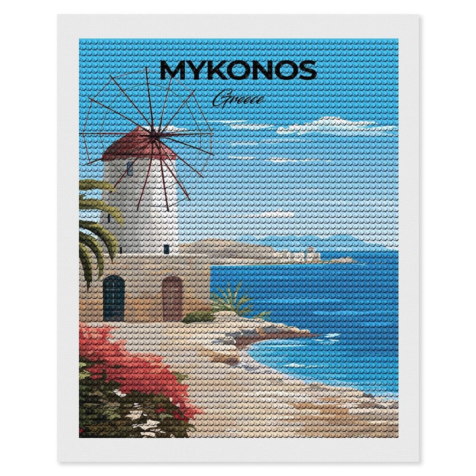 Junmoney Mykonos Greece Travel Diamond Painting Canvas Set 16"x20", for Craft Lovers, Decorate Your Room, Festive Craft Gift, Vintage Style Decor