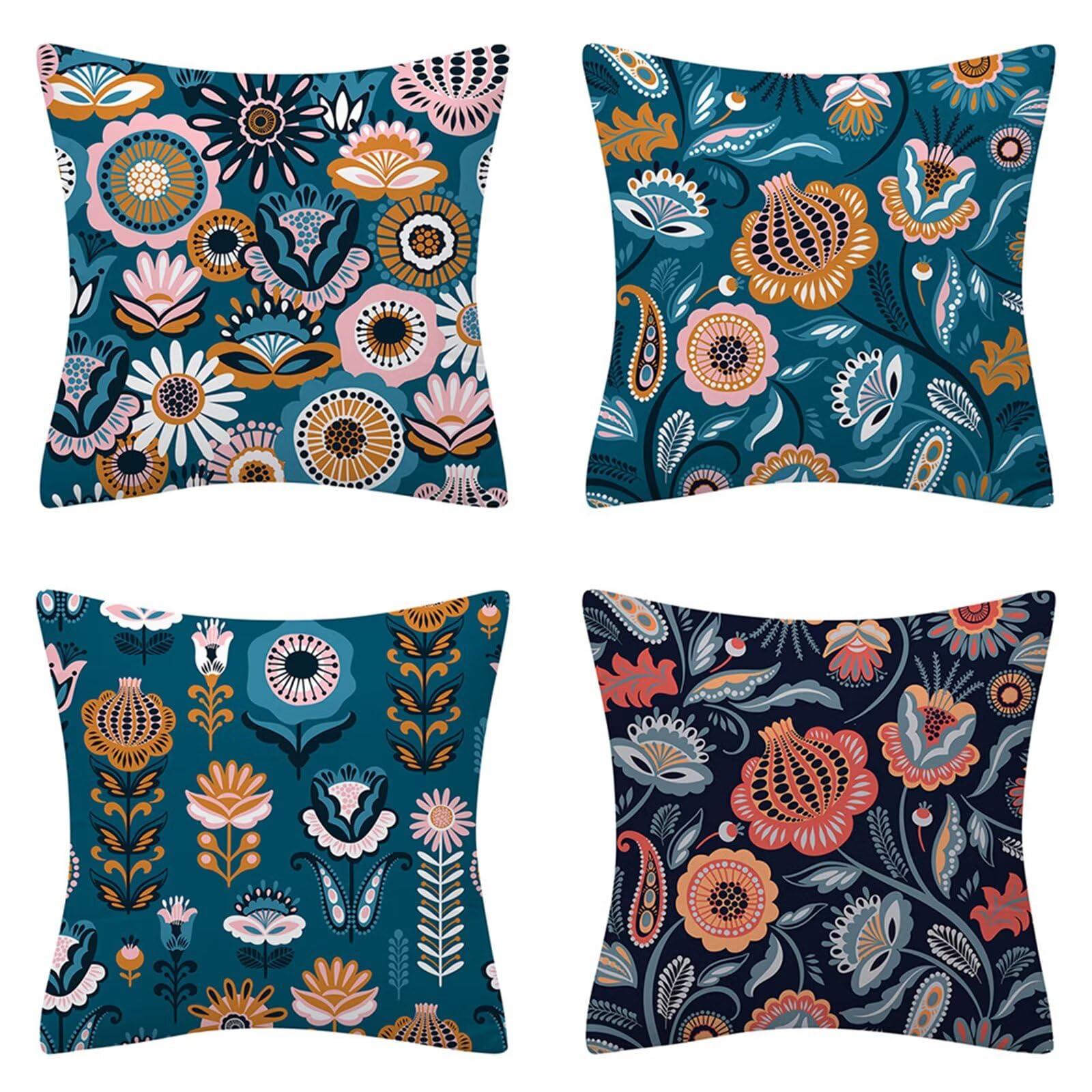 Juego de 4 Impermeable Funda de Cojín Flores Azules,55x55cm Moderno Suave Transpirables Lino Fundas de Almohada Cojines Decorativos con Cremallera Oculta para Exterior Sofá Cama Coche Hogar