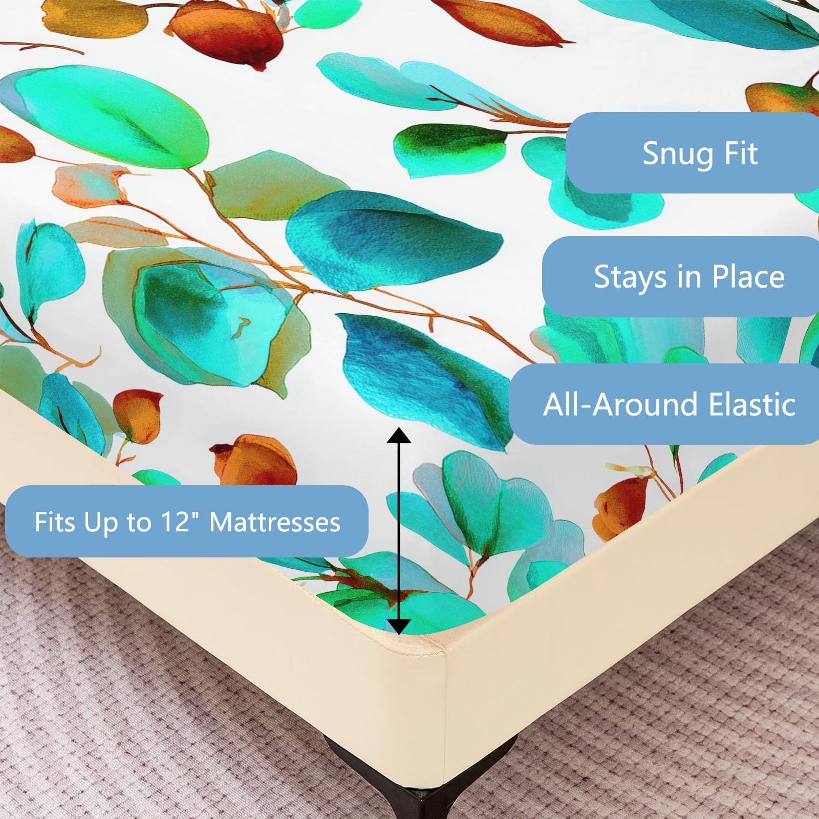 Juego de 3 sábanas bajeras ajustables de 140 x 200 cm para cuna, plantas de acuarela, sábana bajera de microfibra transpirable, sábana bajera con hojas verdes y 2 fundas de almohada con cremallera