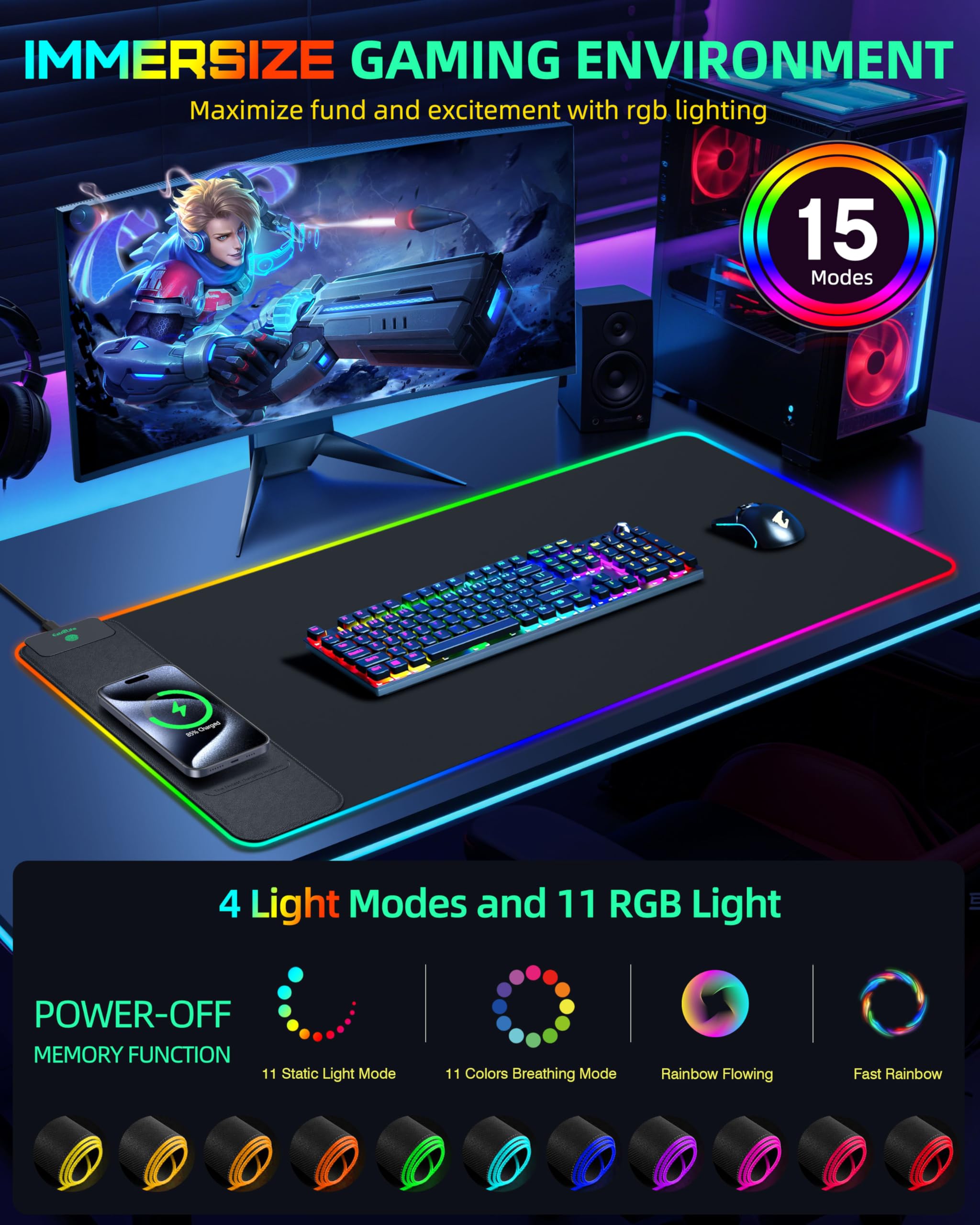 Tappetino per mouse con ricarica wireless, tappetino da scrivania da gioco RGB, 80 x 40 cm, grande, XXL, 15 modalità di illuminazione, superficie ultra liscia, tappetino per mouse antiscivolo