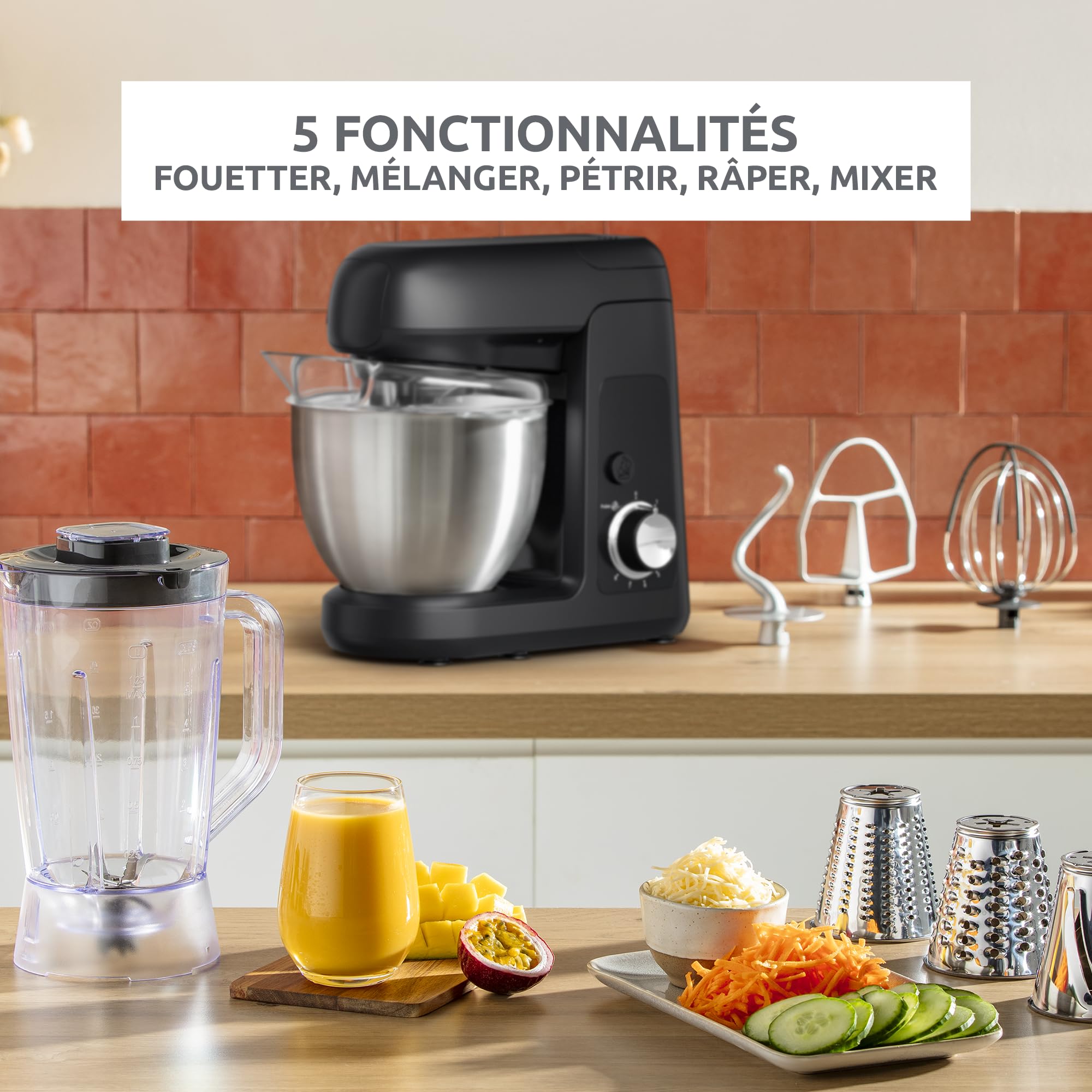 Moulinex Bake Partner, Robot pâtissier, Puissance 1100 W, Bol inox 4,6L, Batteur, Fouet, Pétrin, Blender, Découpe-légumes, Résultat homogène, Noir, QA522810