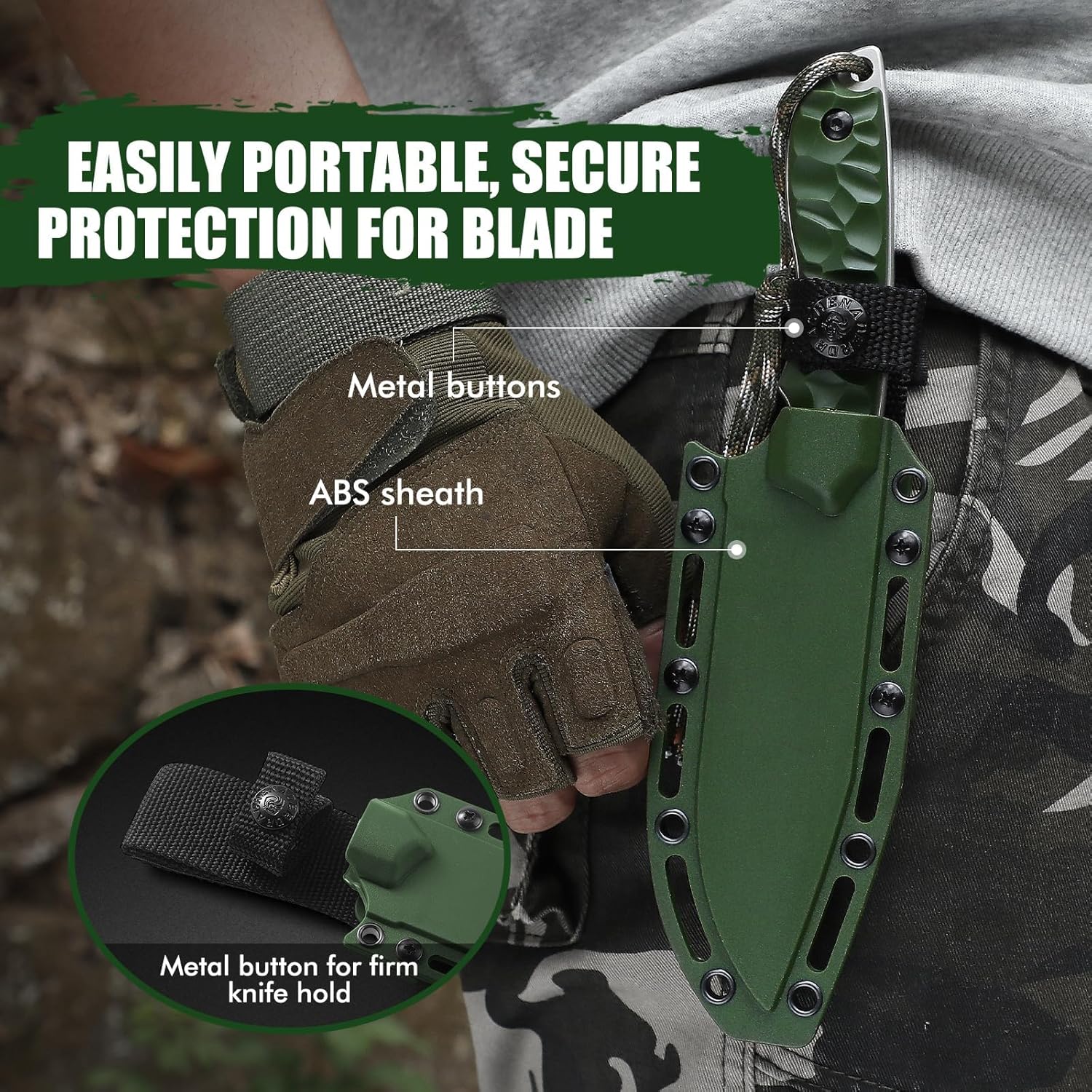 9.29" Tactical Knife B-ER-TANTO POINT, 5Cr14MoV Steel Blade Fixed Blade Tanto Knife with ABS Sheath, Gift for Men, Green, Camping Hunting and Hiking - Image 5