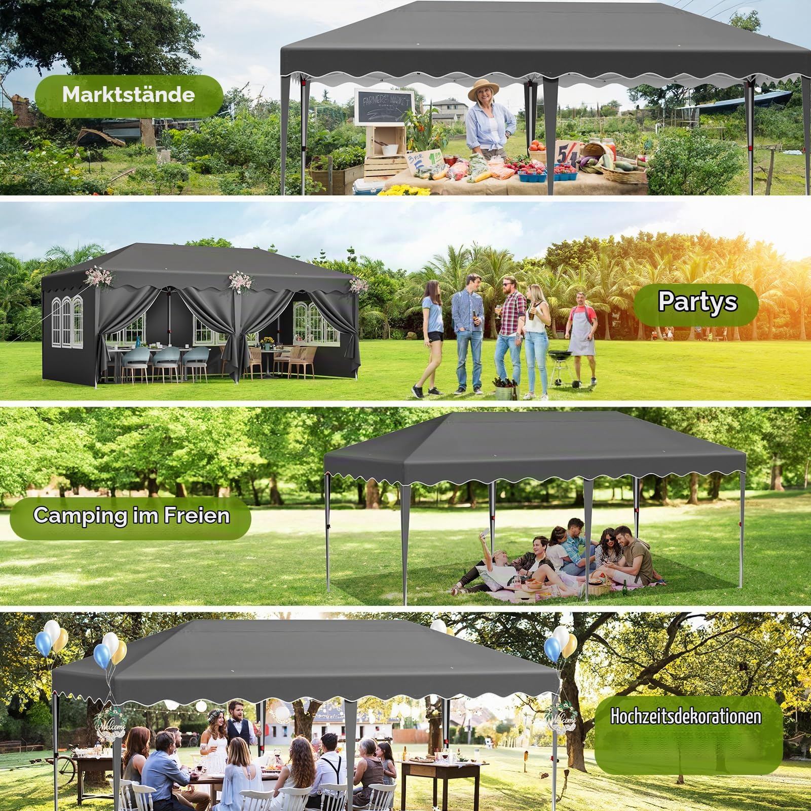 Pavillon 3x6,mit 6PCS Seitenteilen,Faltpavillon Wasserdicht,Stabil Winterfest,Partyzelt,Tente de Reception,Gartenpavillon Höhenverstellbar,für Strand/Festival/Camping/Markt,12 Erdhaken 6 Seil,Grau