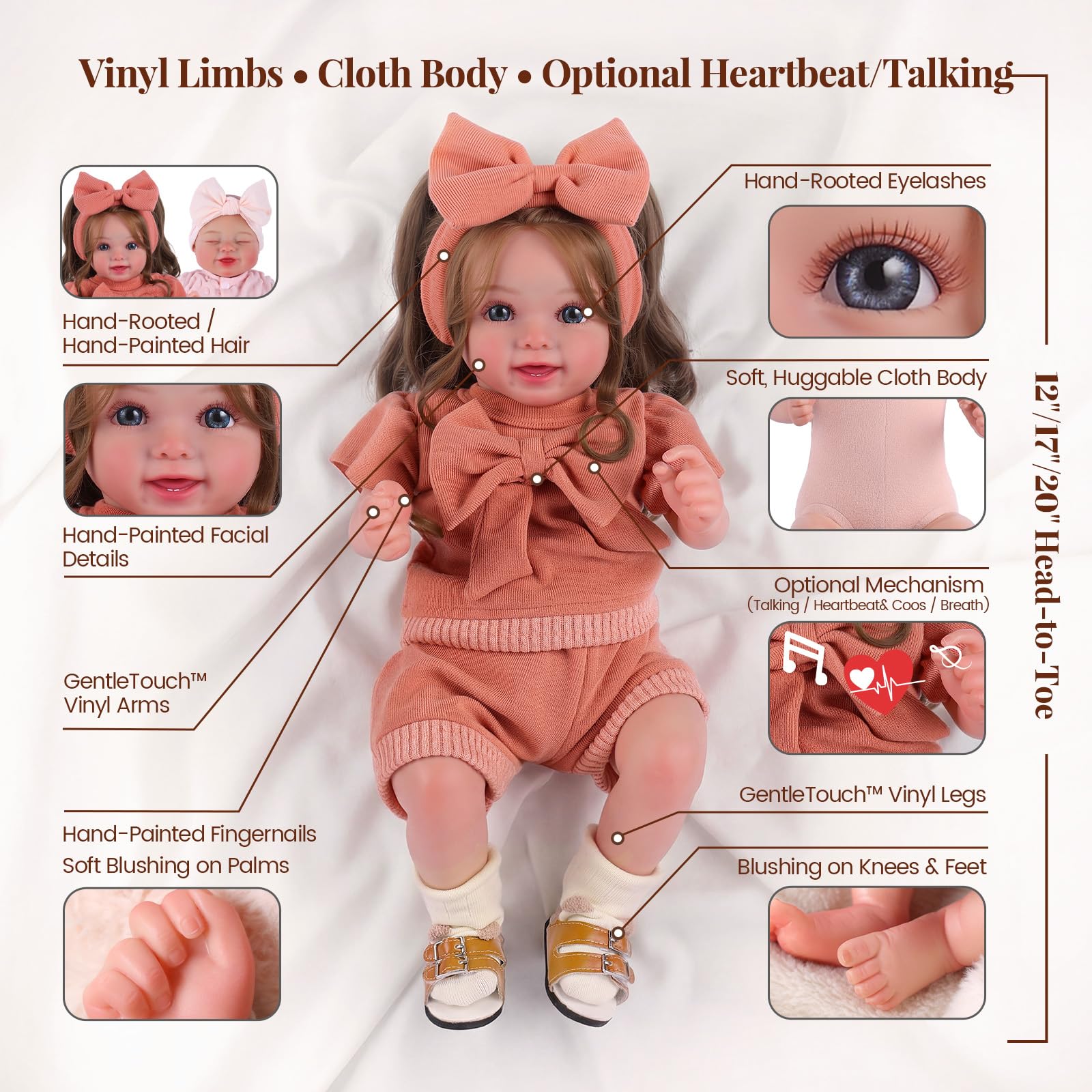BABESIDE Bambole Reborn Bambina 50cm, Capelli Bruni Realistici Reborn | Bambole Reborn Realismo sorprendente, Morbido e coccoloso, Arti flessibili, Accessori inclusi, Sicuro e regalo perfetto