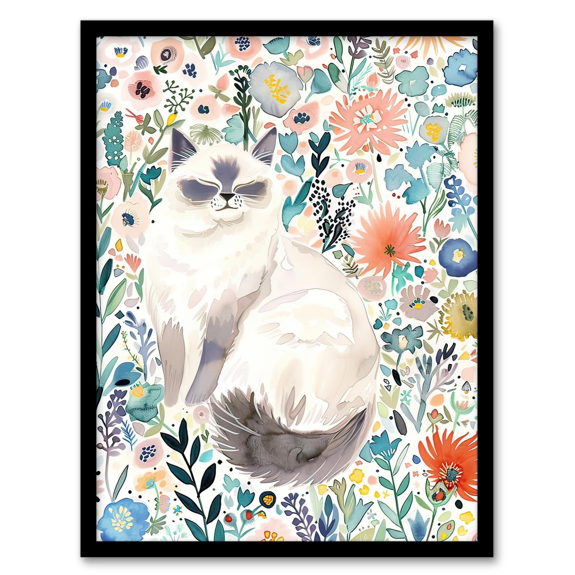 Artery8 Ragdoll Cat Lover Pet and Watercolour Wildflowers Living Room Artwork Framed Wall Art Print 18X24 Inch