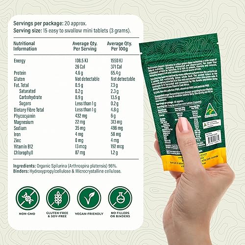Miniatura 4 de Biogenesis Mini tabletas de espirulina orgánica, 300 unidades (200 mg)  Algas azul-verdes cultivadas en Australia  Ricas en ficocianina, clorofila y