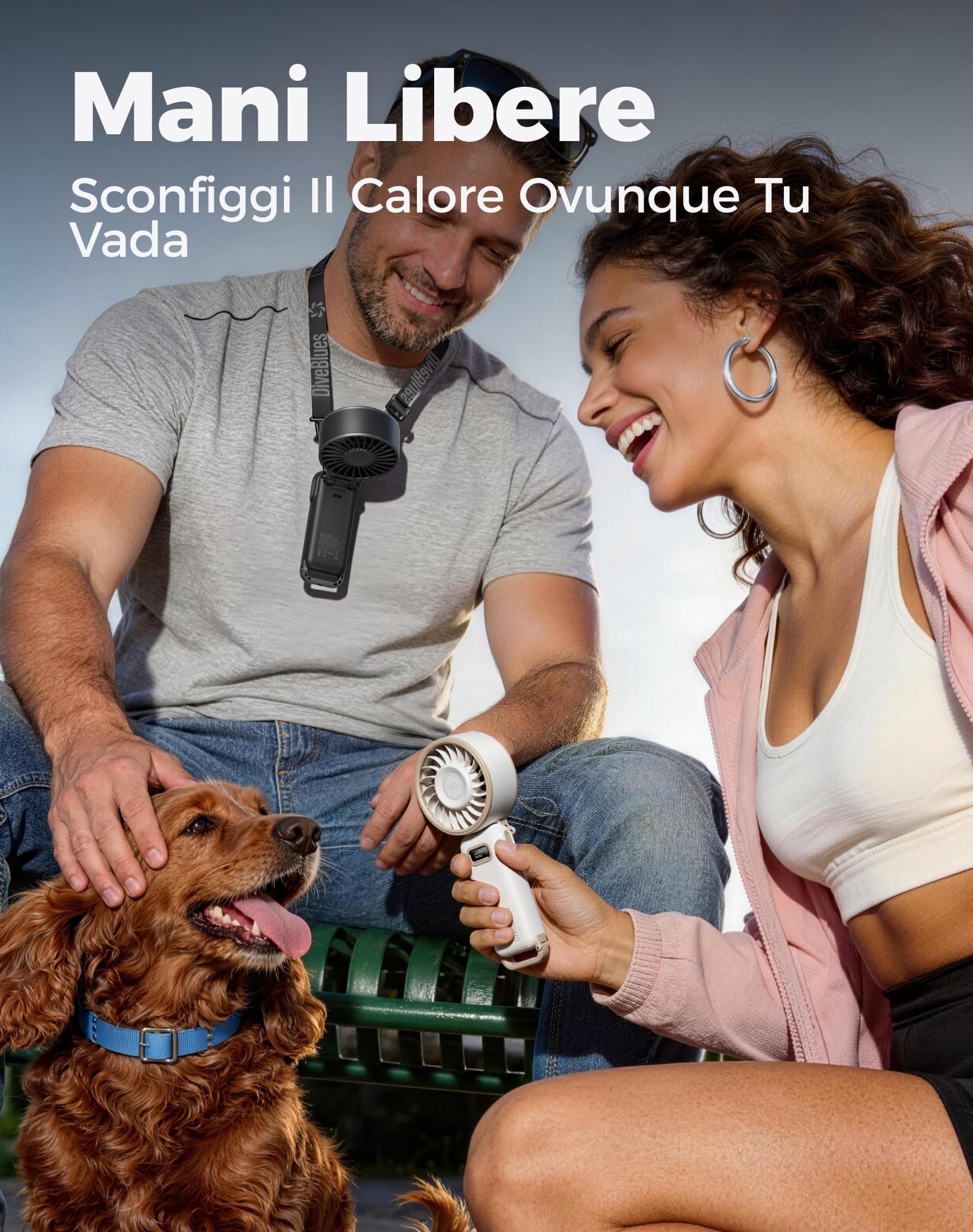 Diveblues Ventilatore Portatile Pieghevole con Batteria - 100 Velocità Regolabili e fino a 12h di Autonomia - Potente ma Piccolo per Mano, Scrivania e Collo - Ideale per Viaggi, Spiaggia e Campeggio