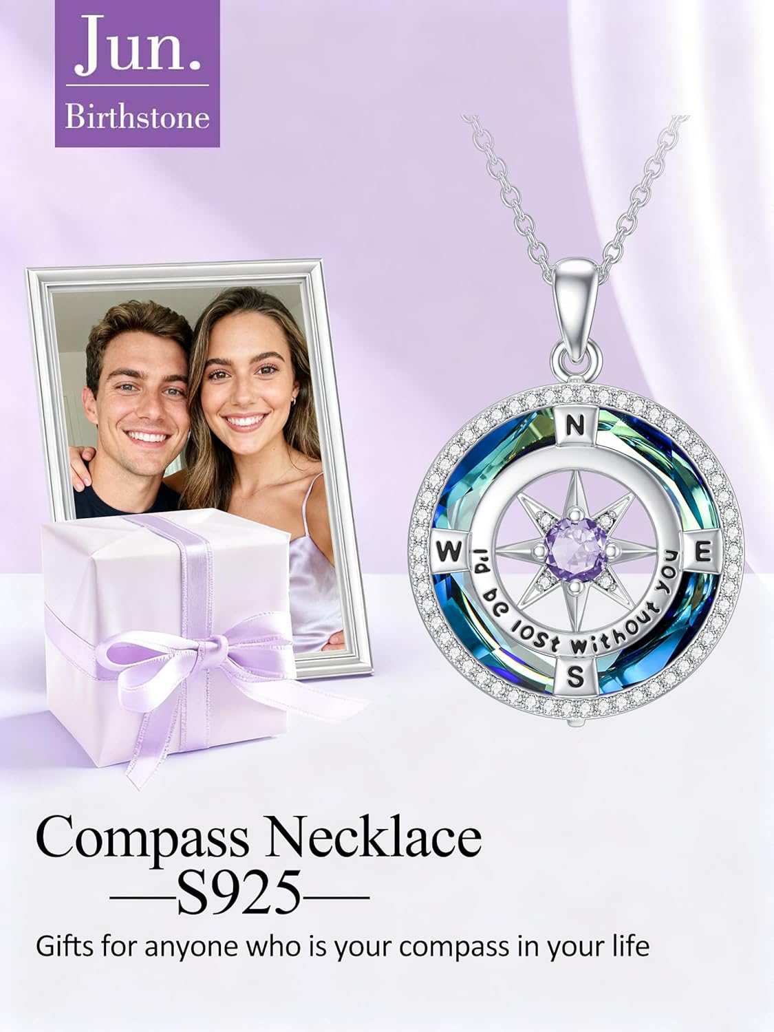TOUPOP Valentines Day Gifts for Her Birthstone Necklace for Women Sterling Silver I'd be Lost without You Compass Crystal Pendant Jewelry Wife Anniversary Girlfriend Birthday - Image 2