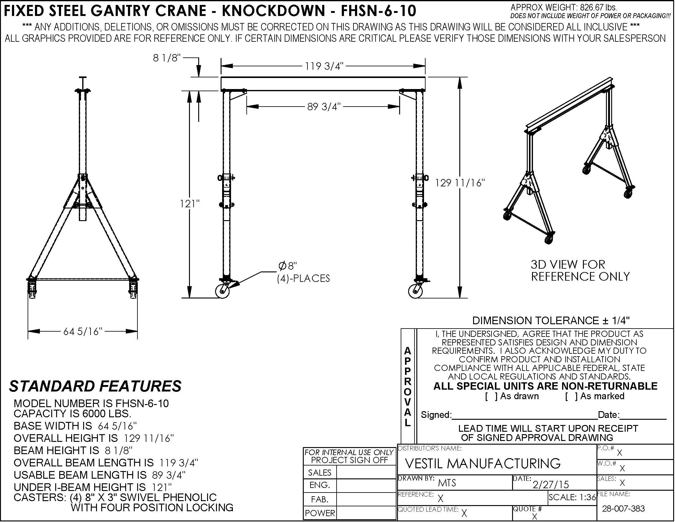Vestil FHSN-6-10 Steel Knockdown Fixed Gantry Crane with Phenolic Casters 10 Ft. 6000 Lb. Capacity Blue