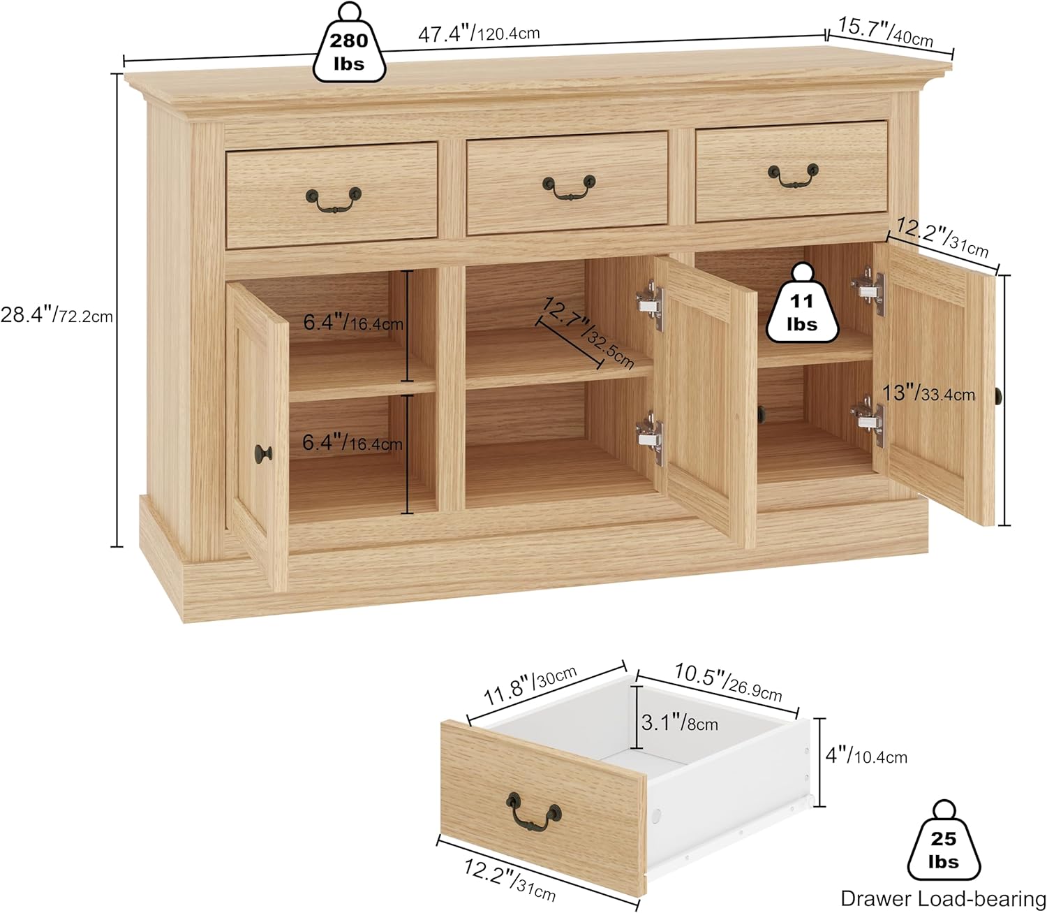 Diagram showing the dimensions of the sideboard buffet cabinet, including overall width, depth, height, and internal compartment measurements. It also indicates weight limits for the top surface and drawers.