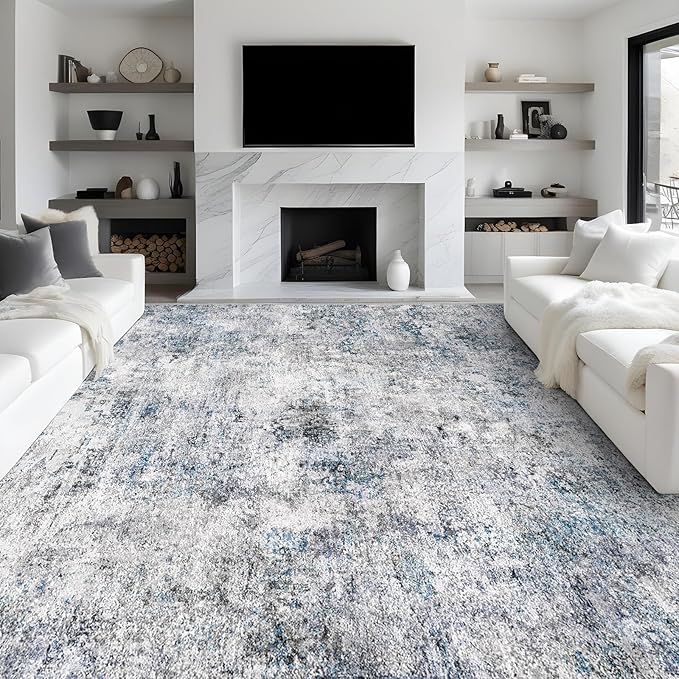 Abstract 9x12 Washable Rug: Modern Ultra Non Slip Area Rug Soft Carpet Foldable Distressed Stain Resistant Neutral Rugs for Living Room Bedroom Decor Large Indoor Farmhouse Rug 9'x12' Blue Gray